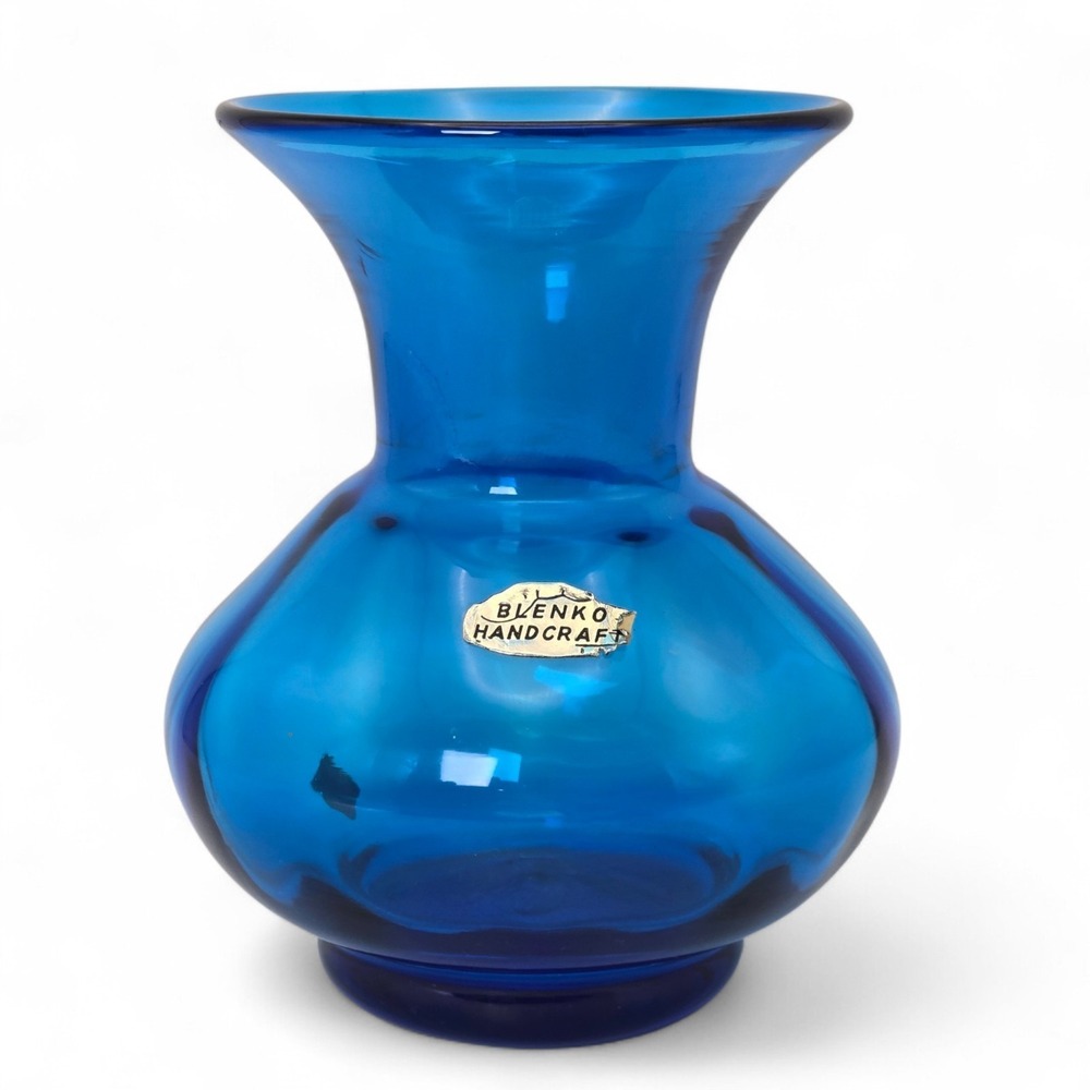 Vintage Blenko 706 Blue Glass Vase MCM Joel Myers Era Hand Blown Art Glass